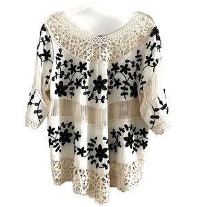 Olive chic flower embroidery open knit 100% cotton top, cream white black